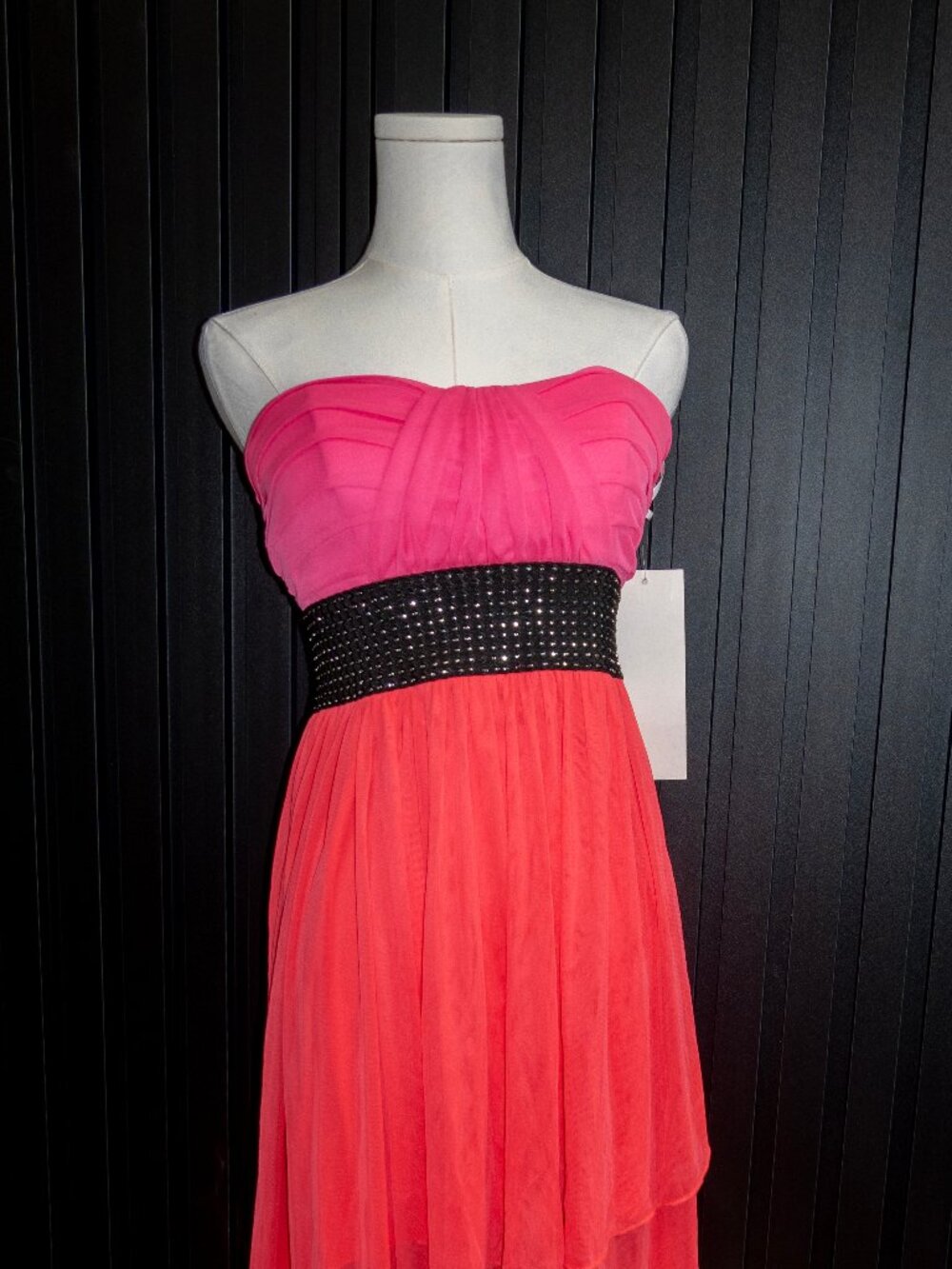 La Glo Strapless Colorblock Maxi Dress Pink Coral Sequin Waist M